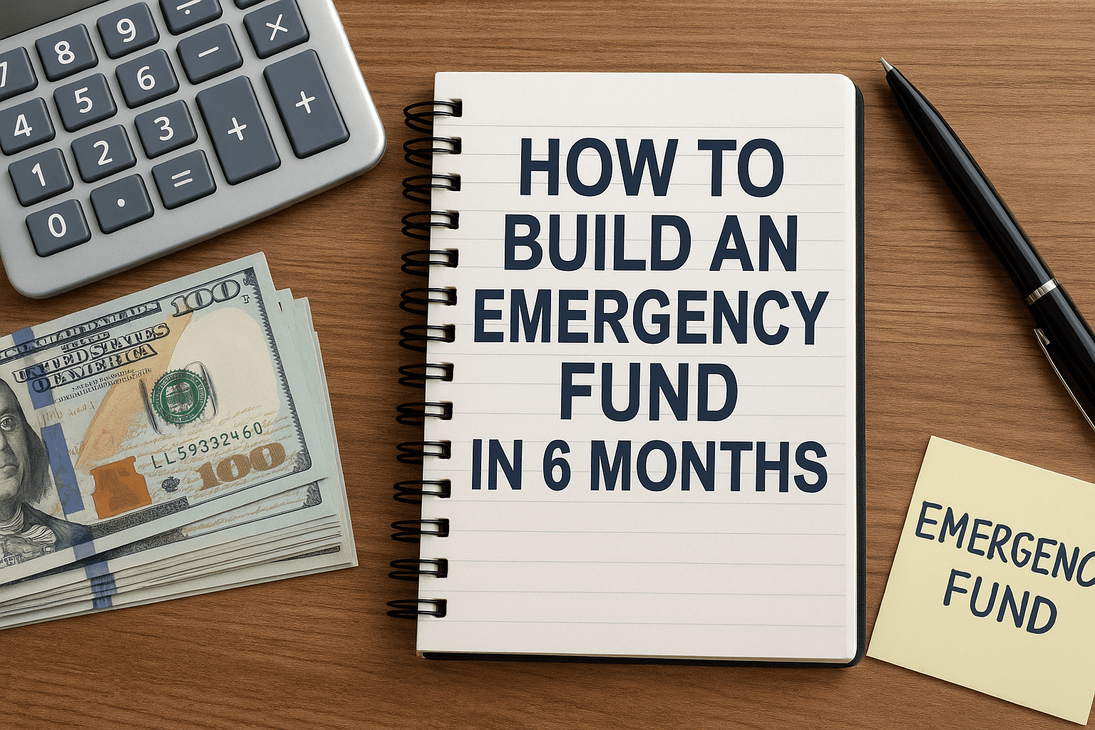 Realistic photo showing emergency fund planning with a notebook, cash, calculator, and the title How to Build an Emergency Fund in 6 Months.